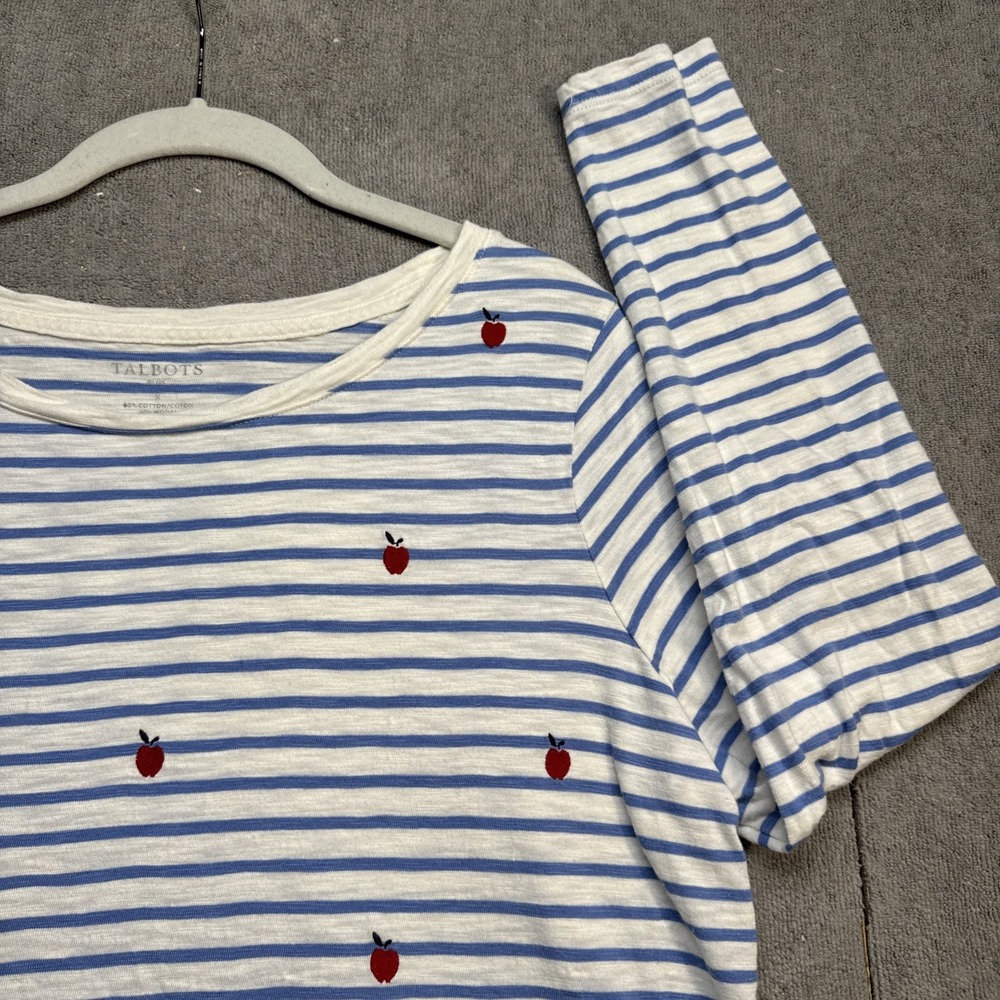 Talbots Women's Blue White Striped Apple Print Cotton Top Teacher Academia X